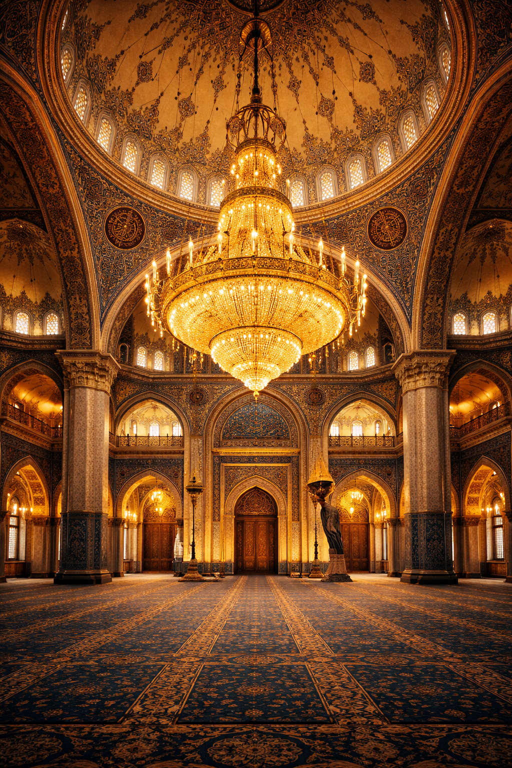 Grand Mosque Interior — Ornate Chandelier and Painted Dome